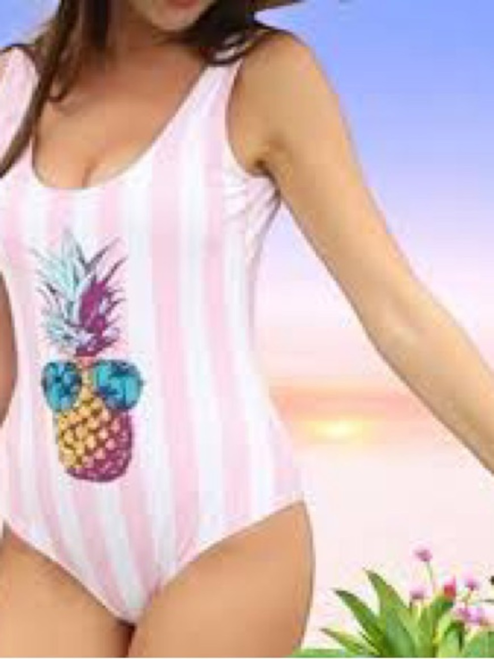PatPat Pink and White Striped Pineapple One-Piece Swimsuit